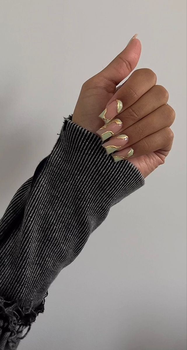 French Sage Green Nails, Green Sage Nails Acrylic, Nails Design Sage Green, Sage Green Boho Nails, Sage Green And Cream Nails, Sage Gold Nails, Brown And Sage Green Nails, Sage Green And Gold Nails Acrylic, Sage Green Nails Medium Length