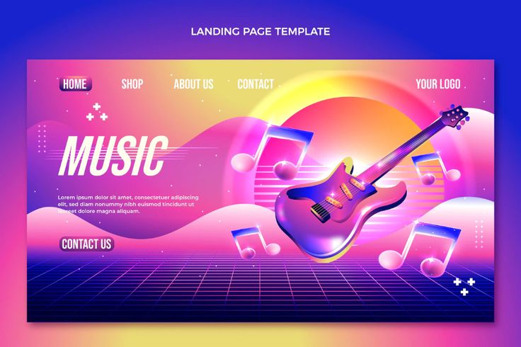 a music banner with an electric guitar and musical notes on the purple, pink and blue background