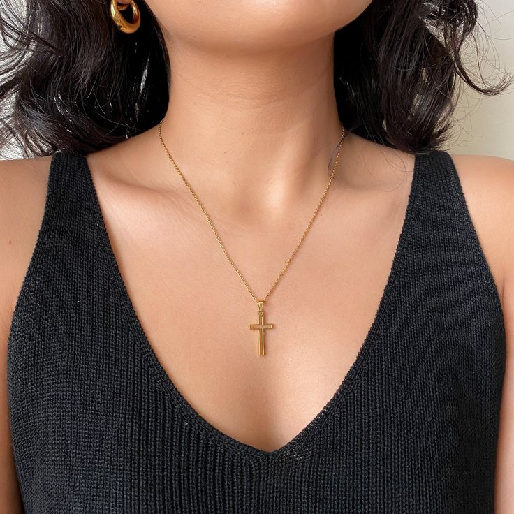 Gold plated hollow cross necklace ❀❀ INFO: ❀❀ ➳ Gold plated over 304 stainless steel ➳ Charm size: 25mm x 13mm ➳ Very lightweight charm ➳ Lobster clasp closure ➳ Cable chain ➳ No extender chain ❀❀ SHIPPING & PROCESSING: ❀❀ Please refer to my shop announcements (located on home page) for the latest processing times as they may change All products are MADE TO ORDER Thank you!♡ Minimalist Cross Necklace Tarnish Resistant, Minimalist Tarnish Resistant Cross Pendant Jewelry, Everyday Metal Cross Jewelry, Cross Pendant Chain Necklace, Everyday Cross Pendant Charm Necklace, Everyday Tarnish Resistant Cross Necklace, Minimalist Crucifix Jewelry With Adjustable Chain, Adjustable Cross Jewelry For Everyday, Cross Pendant Charm Necklace With Adjustable Chain