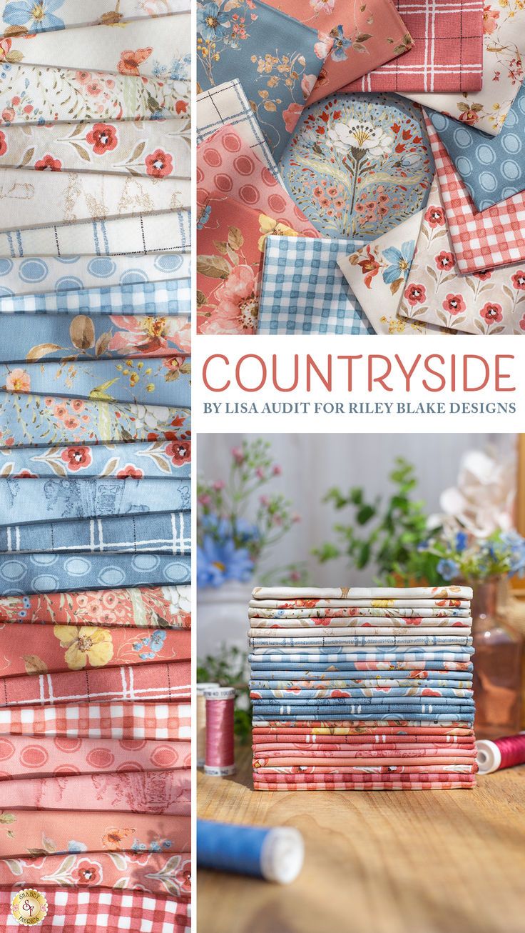 many different types of fabric are stacked on top of each other and the title reads country side