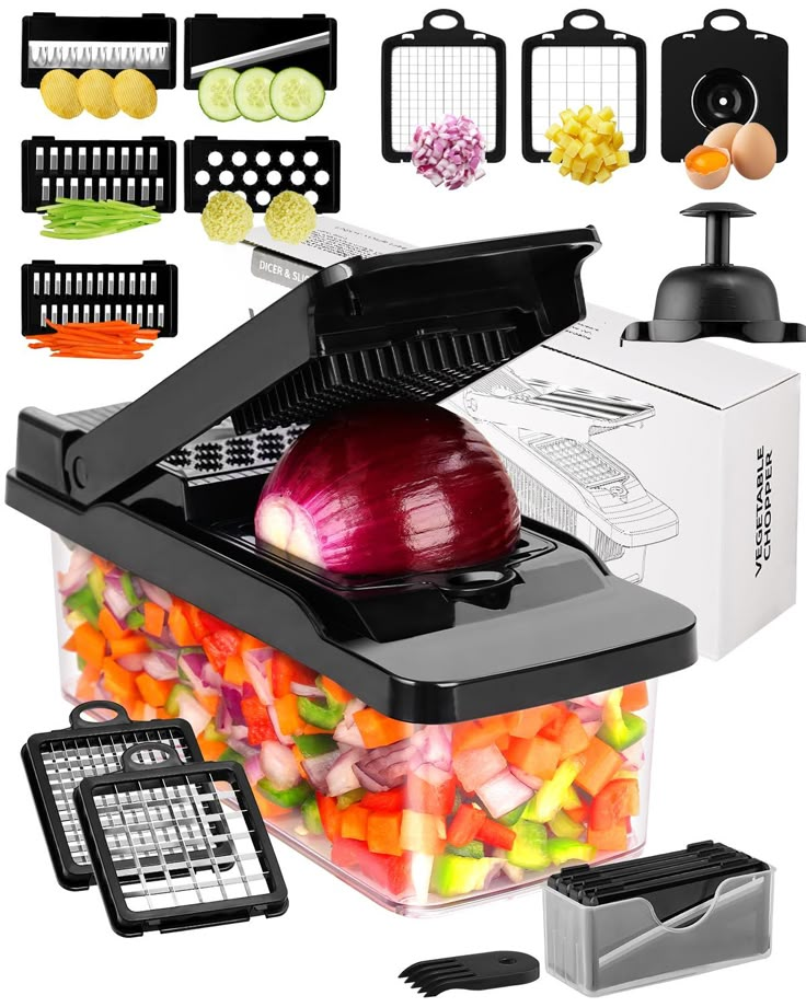 an onion slicer, dicer, and grater are shown with various vegetables