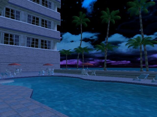 an animated pool with chairs and umbrellas in front of a palm tree at night