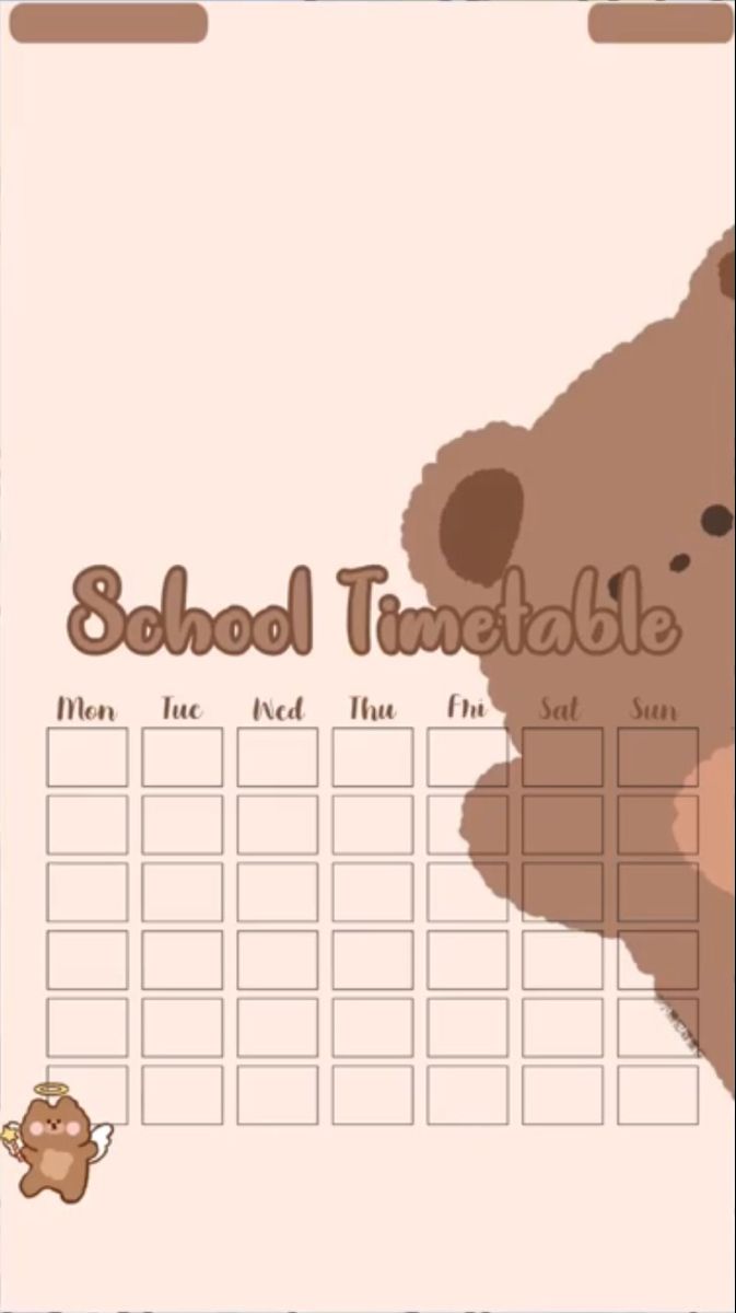 a brown teddy bear sitting on top of a table next to a white board with school timetable