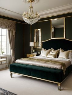 a large bed sitting in a bedroom next to a window with a chandelier