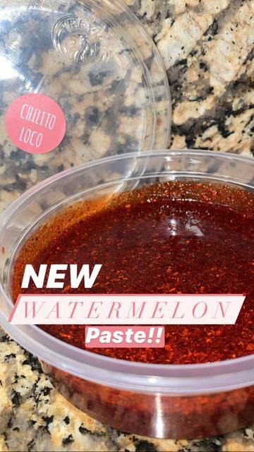 a bowl of sauce sitting on top of a counter next to a plastic container with the words new mango chamoy rim pastel