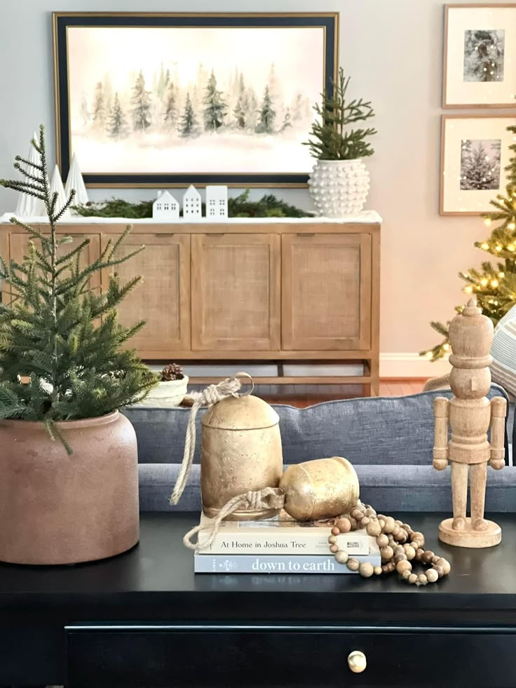 Neutral Christmas Tv Stand Decor, Transitional Style Christmas Decor, Designer Christmas Decor, Neutral Christmas Living Room, Side Board Christmas Decor, Modern Neutral Christmas Decor, Console Christmas Decor, Earth Tone Christmas Decor, Arhaus Christmas