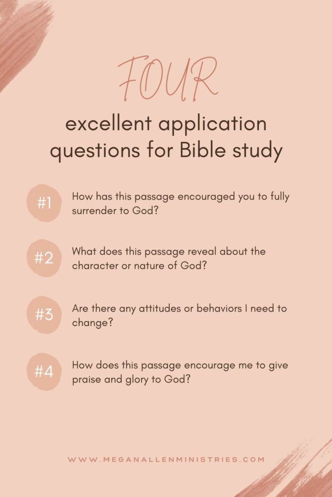 a pink background with the text four excellent application questions for bible study