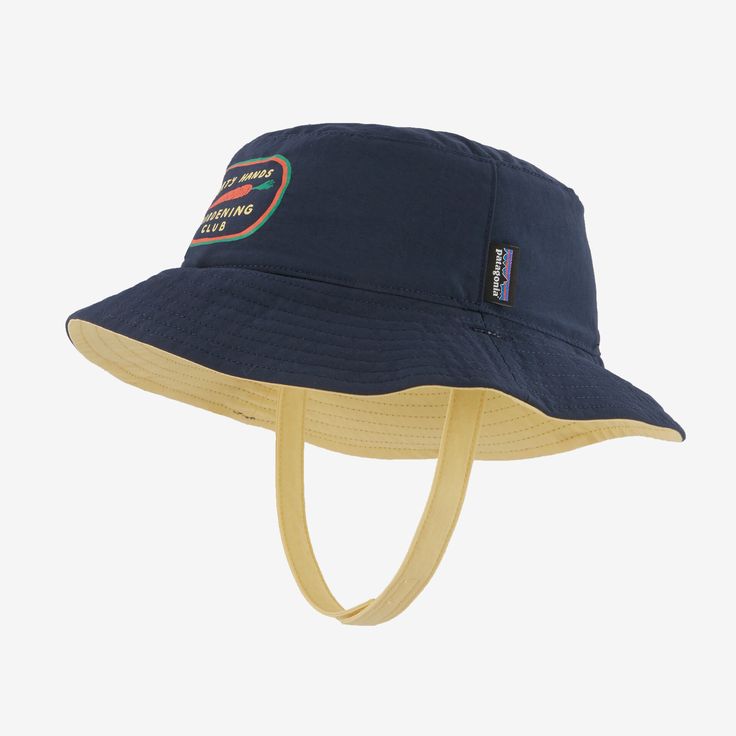 The Baby Sun Bucket Hat provides all-day protection with a wraparound brim and a chin strap that keeps the hat in place. It's made of 100% recycled nylon with a durable water repellent (DWR) finish made without perfluorinated chemicals (PFCs/PFAS). Made in a Fair Trade Certified™ factory. - Amigos: Vessel Blue Bucket Hats Baby Blue Men, Strap Bucket Hat, Patagonia Baby, Baby Patagonia, Pita Pockets, 50% Logo, Patagonia Kids, Toddler Hat, Water Resistant Fabric