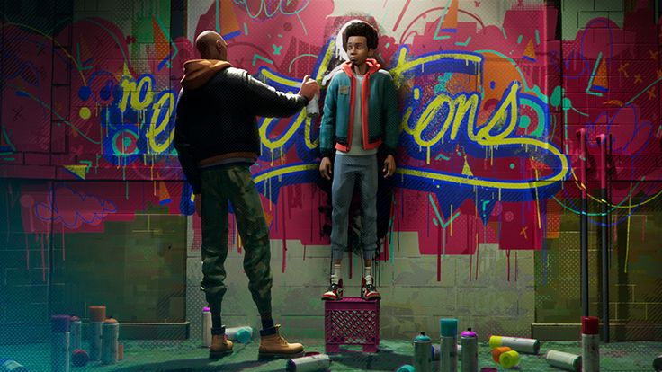 two mannequins are standing in front of a wall with graffiti on it