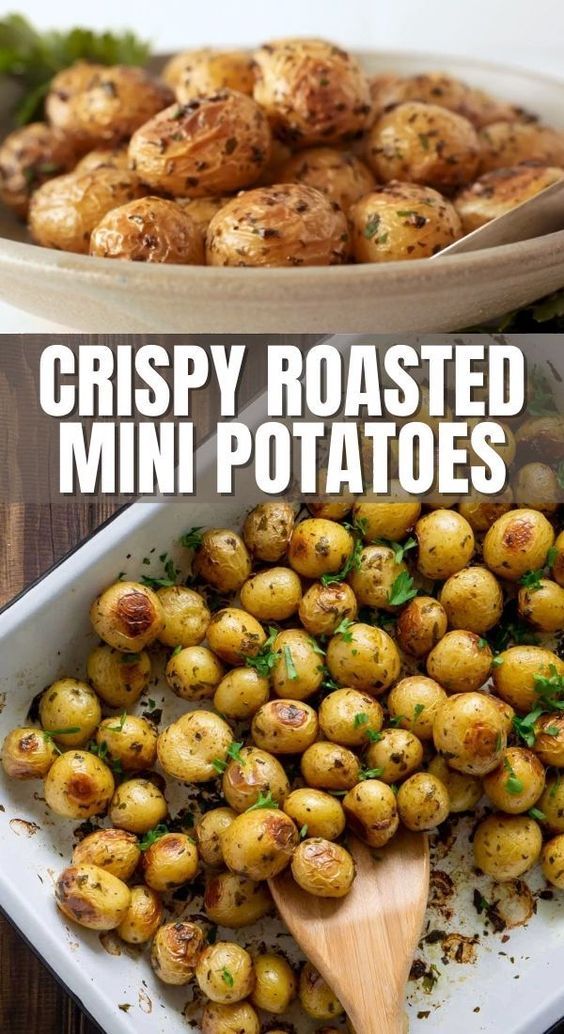 crispy roasted mini potatoes in a white dish with a wooden spoon and title overlay