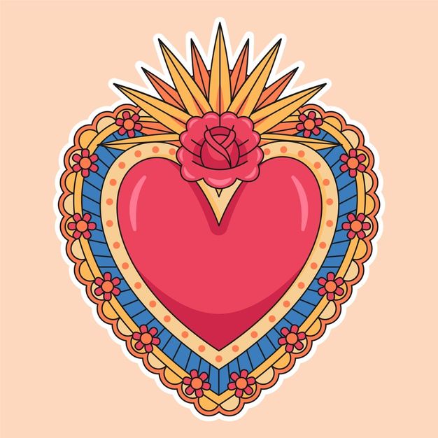 a heart shaped sticker with a flower in the middle and an ornate border around it