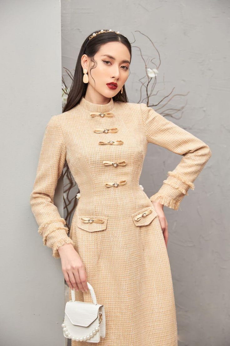 Elegant Fitted Tweed Dress For Wedding, Elegant Fitted Beige Tweed Dress, Elegant Beige Tweed Dress, Formal Fitted Beige Tweed Dress, Elegant Long Sleeve Tweed Dress For Formal Occasions, Beige Tweed Dress For Formal Occasions, Formal Beige Tweed Dress, Elegant Beige Tweed Dress For Work, Elegant Beige Tweed Dress For Office