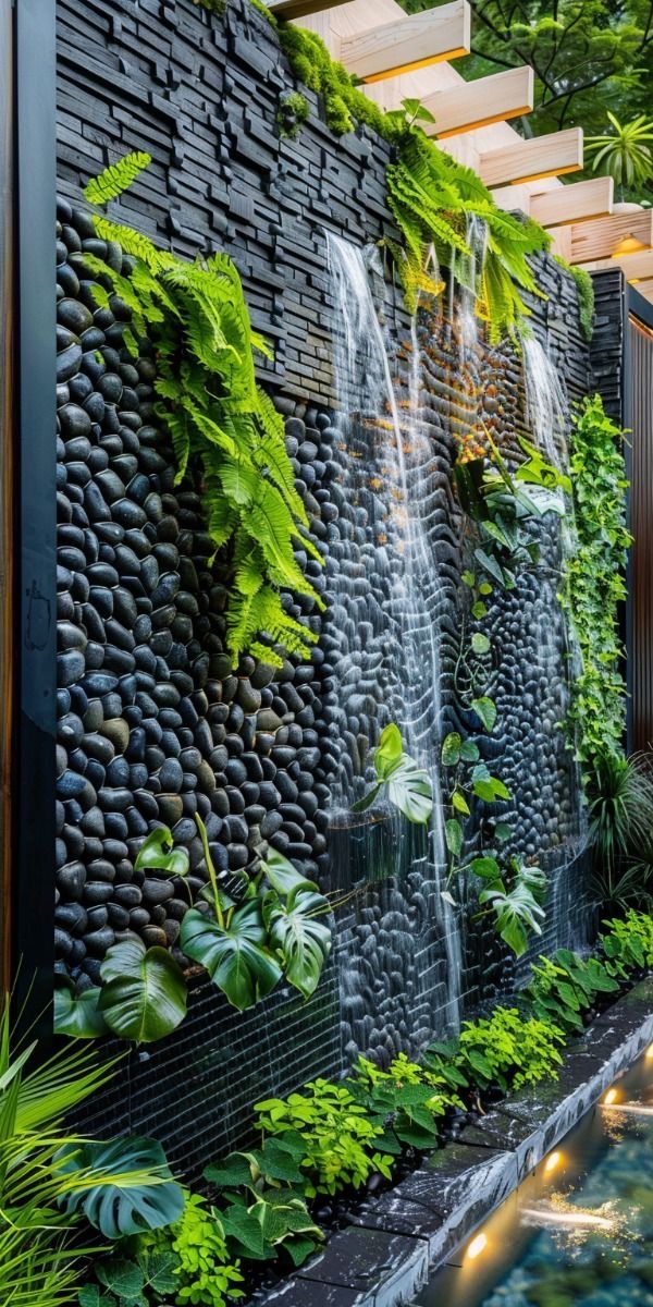 a water feature in the middle of a garden with plants growing on it and lit up by lights