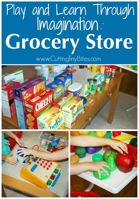 play and learn through magnification grocery store with text overlay that reads, play and learn through magnification grocery store