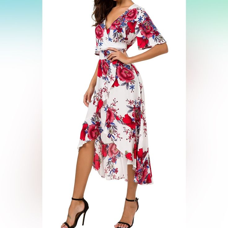 Short Sleeve Floral High Low V-Neck Flowy Party Long Maxi Dress Perfect For A Luau, Hawaiian Part, Vacation, Cruise White V-neck Short Sleeve Party Dress, Flowy V-neck Floral Dress For Party, Flowy Floral Print V-neck Dress For Party, Spring V-neck Floral Dress For Brunch, Floral Print Maxi V-neck Party Dress, Chic Flowy V-neck Floral Dress, Bohemian V-neck Midi Dress For Party, Feminine Floral V-neck Dress For Day Out, White V-neck Maxi Dress For Summer