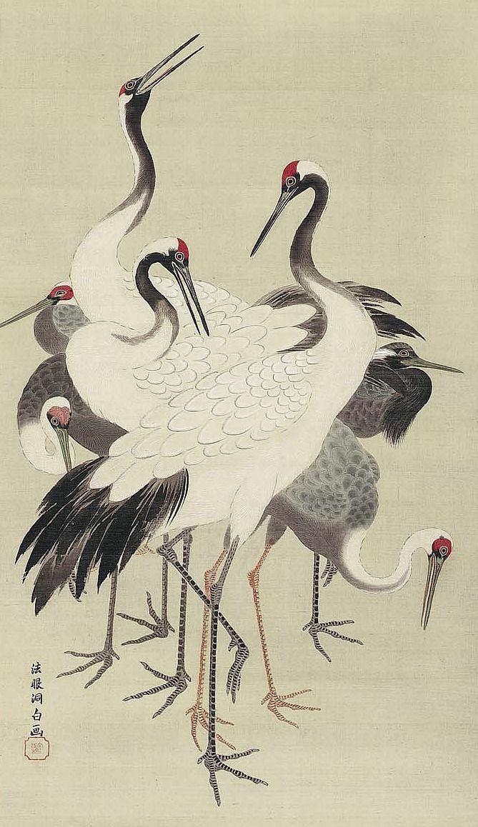 four cranes standing next to each other on a white surface