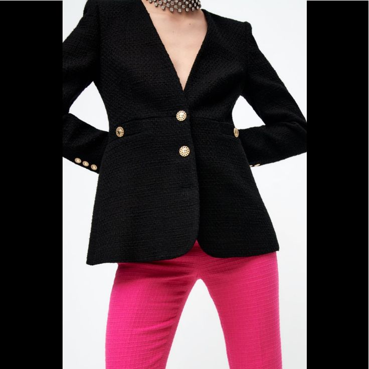 Zara Fitted Textured Blazer Basic And Beautiful Designer Black Structured Blazer, Structured Black Blazer, Black Structured Blazer, Structured Black Blazer With Buttons, Black Structured Blazer With Buttons, Designer Structured Blazer For Spring, Black Structured Outerwear For Spring, Structured Black Outerwear For Spring, Chic Structured Fall Blazer