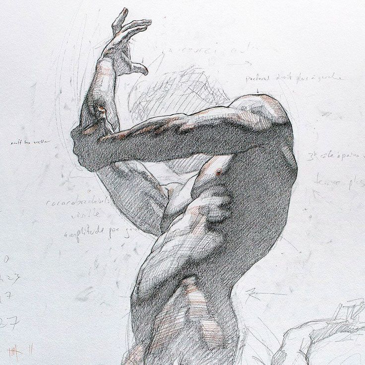 a pencil drawing of a man with his arms stretched out and hands behind his back