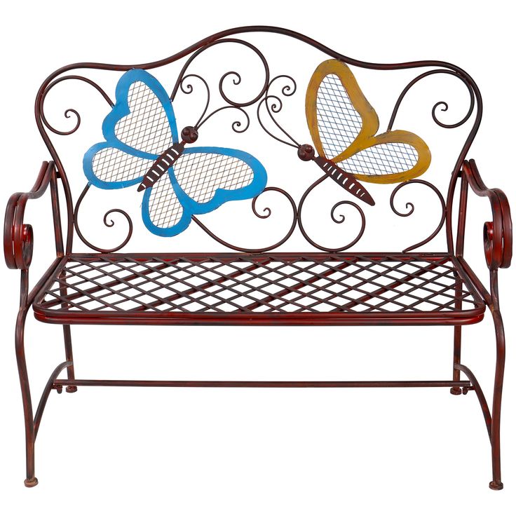 a metal bench with two butterflies on it's back and arms, sitting in front of a white background