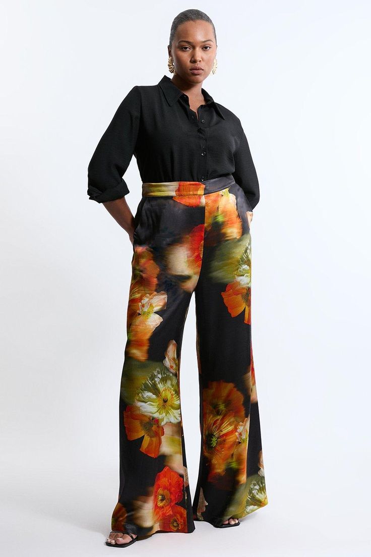 Plus Size Floral Satin Woven Trouser Elegant Silk Pants With Floral Print, Elegant Floral Print Workwear Pants, Elegant Floral Print Pants For Workwear, Elegant Floral Print Work Pants, Multicolor Bottoms For Evening In Spring, Multicolor Evening Bottoms For Spring, Elegant Multicolor Floral Print Bottoms, Elegant Multicolor Silk Bottoms, Elegant Multicolor Pants For Workwear