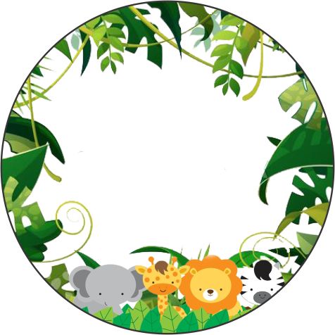 an animal themed circle frame with jungle animals in the middle and green leaves around it