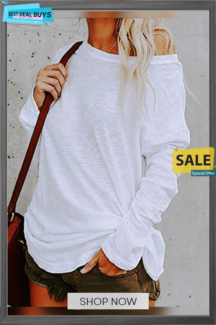 White Casual Solid Long Sleeve T-shirt Y2k Long Sleeve, Mini Robes, Styl Boho, Loose Shirts, Spring Tops, Off Shoulder Tops, Casual Look, White Casual, Long Sleeve Casual