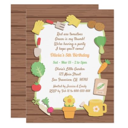 an image of a birthday party with food and gardening items on the menu card, including carrots, lettuce, radishes, tomatoes, broccoli