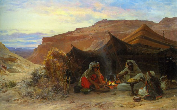 an oil painting of people sitting around a campfire in the desert with mountains in the background