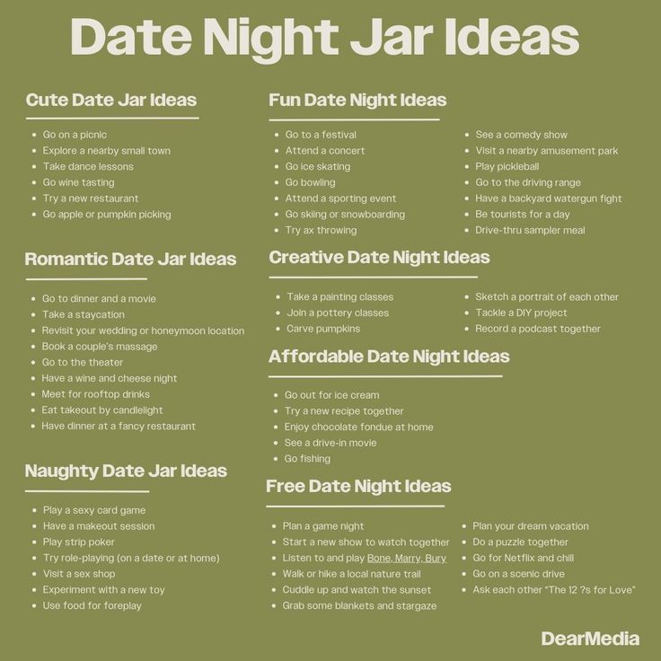 a green and white poster with information about date night jar ideas on the front page