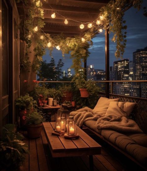 a balcony with lights strung from the ceiling and potted plants on the table, along with two couches