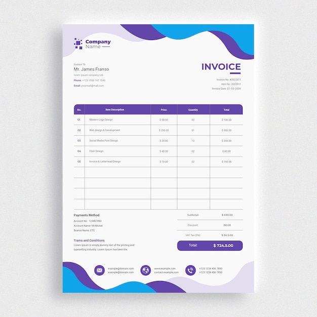 an invoice form is shown on top of a white surface with blue and purple waves