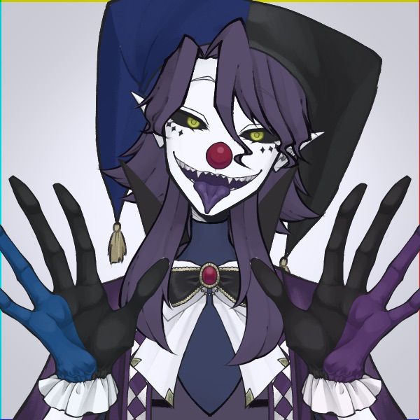 an anime character with purple hair and green eyes wearing black gloves, holding her hands up in the air