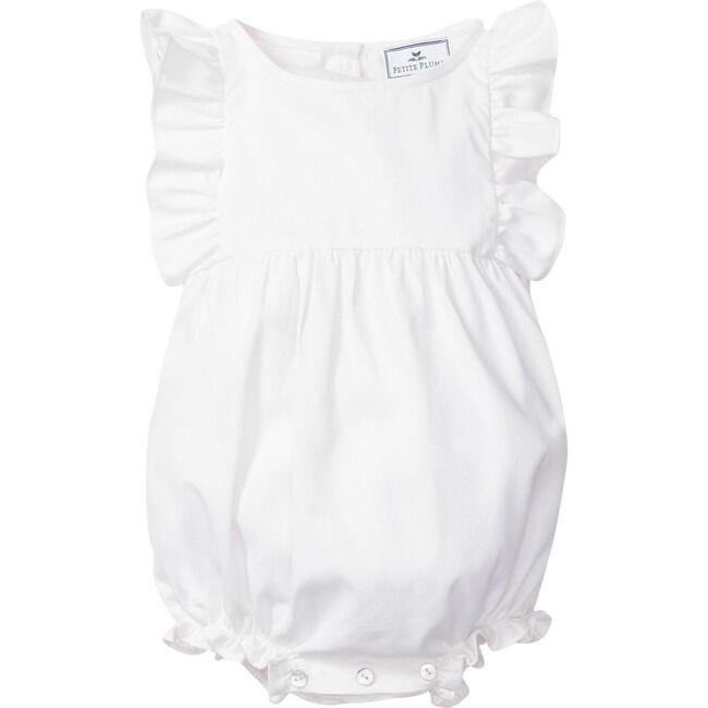 Ruffled Romper, White Twill - Petite Plume Rompers | Maisonette Flutter Sleeve Bubble Romper With Ruffles For Playtime, White Flutter Sleeve Bubble Romper For Spring, Elegant Spring Bubble Romper With Ruffles, White Summer Bubble Romper For Bedtime, Fitted Cotton Bubble Romper With Ruffles, White Ruffled Bubble Romper For Playtime, Summer Bubble Romper With Ruffles, Solid Summer Bubble Romper With Ruffles, Summer Solid Color Bubble Romper With Ruffles