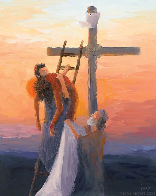 a painting of jesus on the cross being lifted by two men