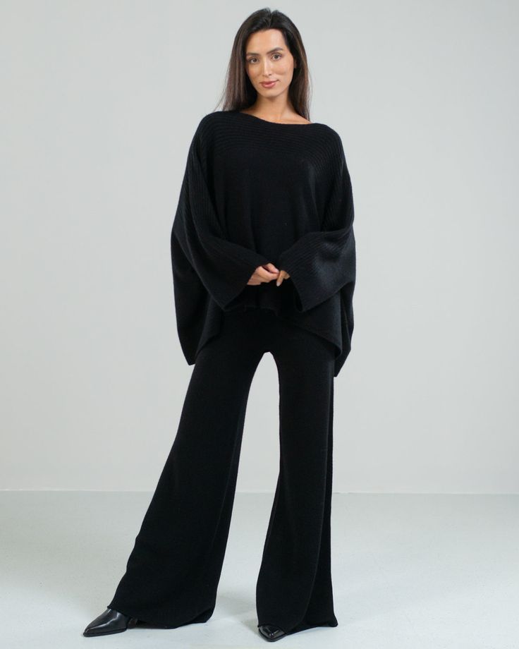 Wide Leg Joggers. Chic Oversized Wide Leg Pants For Fall, Chic Oversized Wide Leg Pants, Black Knit Bottoms For Loungewear, Chic Oversized Straight Pants, Chic Oversized Pants For Loungewear, Chic Oversized Loungewear Pants, Chic Viscose Wide Leg Pants For Fall, Chic Black Viscose Wide Leg Pants, Wide Leg Cashmere Pants For Loungewear