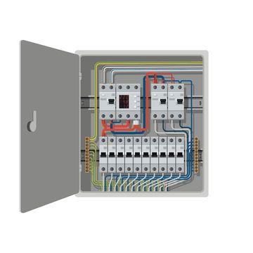 an electrical panel is shown with multiple wires and switches in the box, all connected to each other