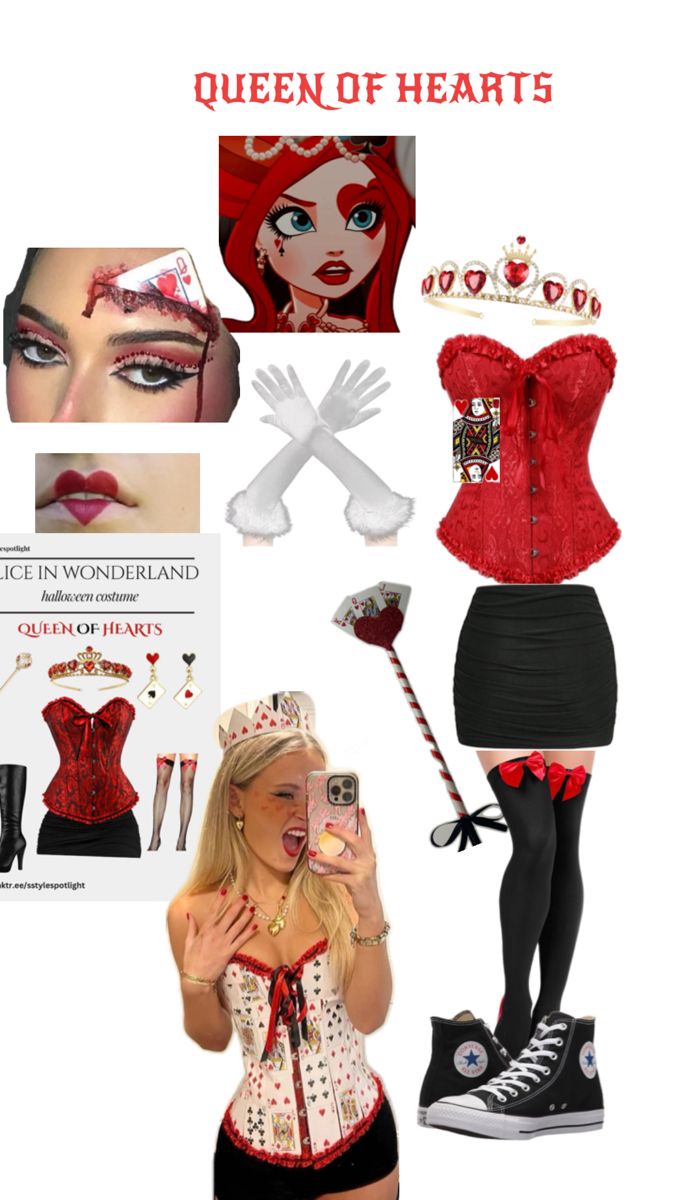 Queen, red corset , gloves, Makeup Red Ivy Costume, Red Outfit Halloween Costumes, Alice And Red Queen Costume, Late Costume Ideas, Queen Of Hearts Costume Rave, Simple Halloween Costume Ideas For Women, Halloween Costume Ideas Women Diy, Halloween Costumes Women Horror, Red Corset Halloween Costumes