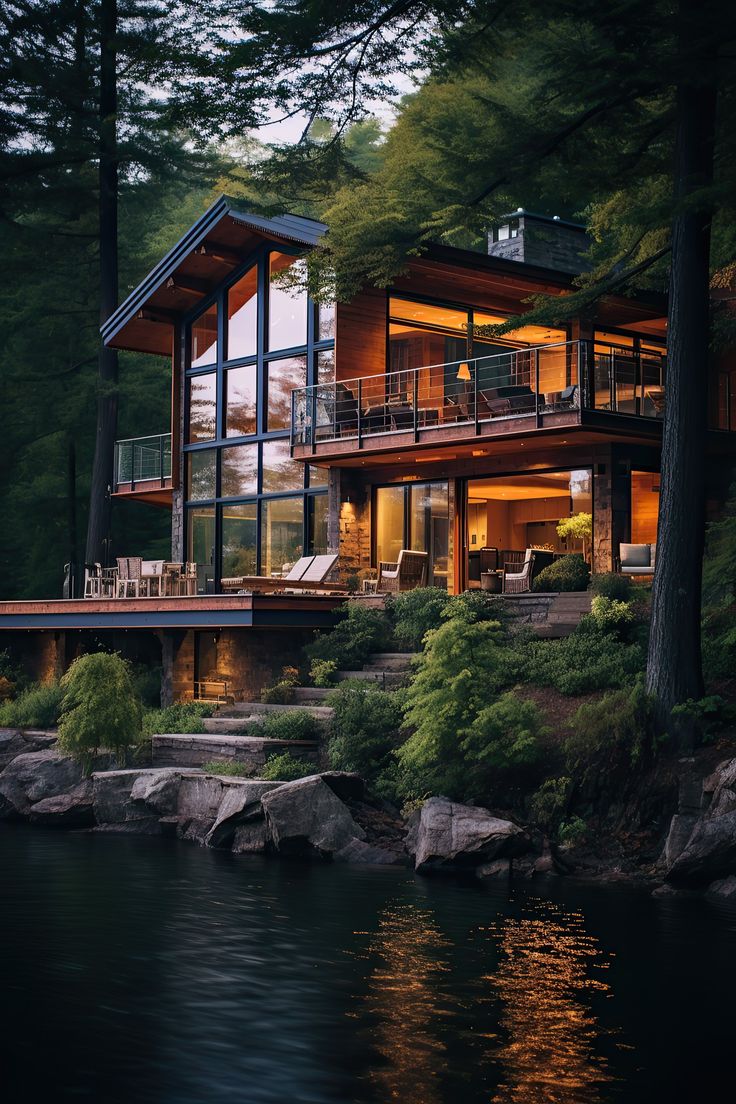 a large house sitting on top of a lush green hillside next to a body of water