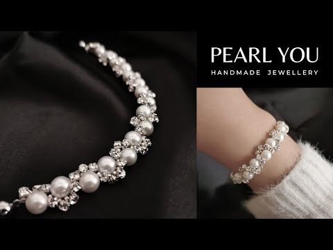 pearl bracelet with swarong crystals and pearls on the side, shown in two different views