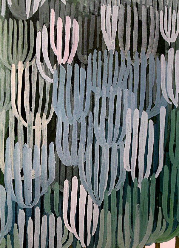 an abstract painting of cactuses in shades of blue and green