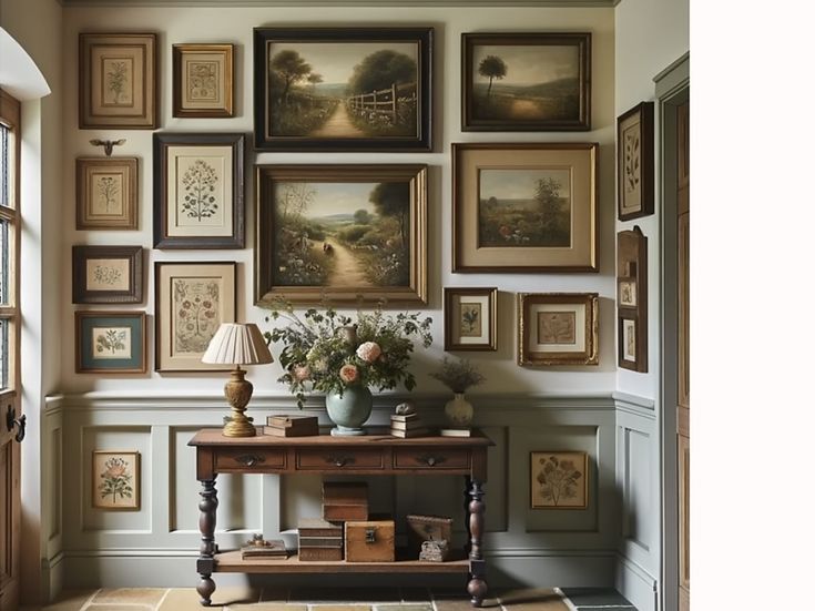 a room with many framed pictures on the wall and a table in front of it