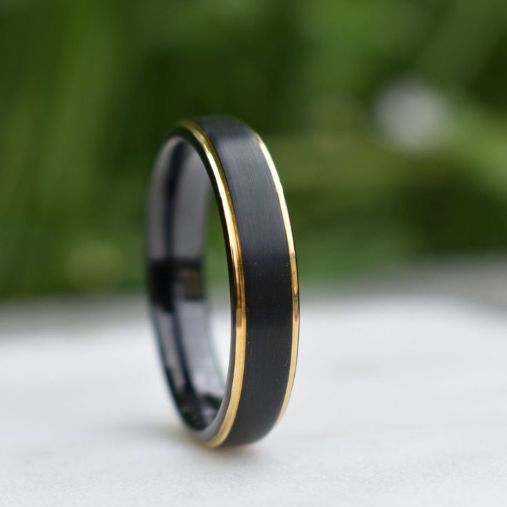 Black 5mm Tungsten Ring with Gold Bevelled Edges - Tungsten Titans Tungsten And Gold Mens Rings, Black Zirconium Ring, Tungsten Rings, Black Tungsten, Tungsten Ring, Satin Top, Beveled Edge, How To Look Classy, Ring Box