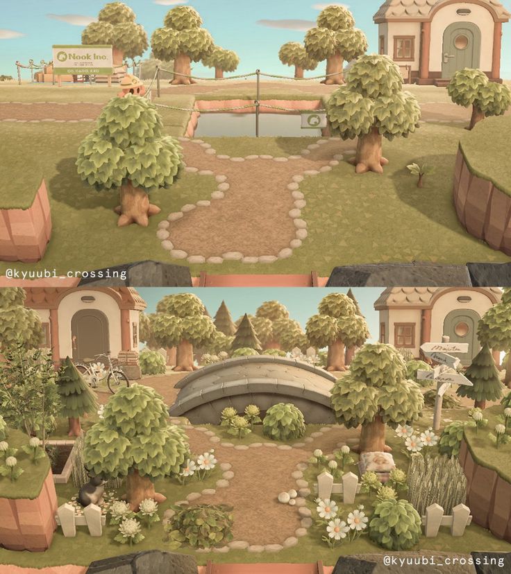 there are two different views of the same area with trees and flowers in it,