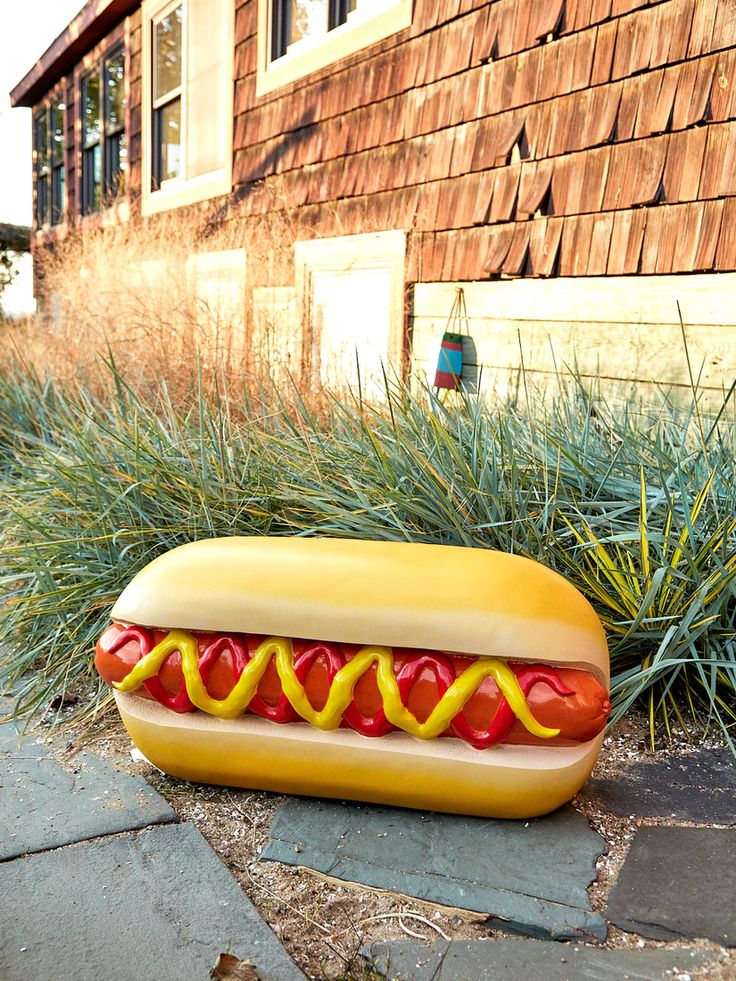 a hot dog with ketchup and mustard on it sitting in front of a house