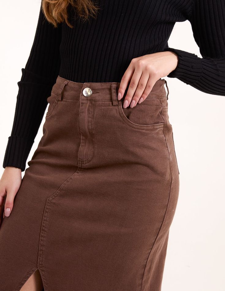 Who said denim skirts are only to be worn in hot weather? Team this brown midi skirt with an oversized t-shirt, sheer tights, and ankle boots. 97% Cotton, 3% Elastane Made in China Machine washableFront and back pockets Button front Model wears a size: SModel height: 5ft 7.5 / 171cm Brown Midi Skirt, Mid Skirt, Petite Coat, Blouse Sale, Sheer Tights, Acid Wash Denim, Denim Skirts, Petite Tops, Who Said