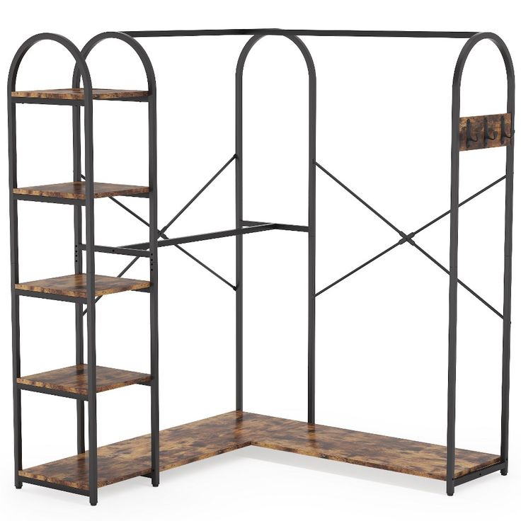 an iron and wood shelf unit with shelves on each side, in the shape of a bookcase