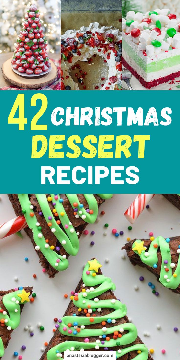 christmas desserts with green frosting and sprinkles on them are featured in the book 42 christmas dessert recipes