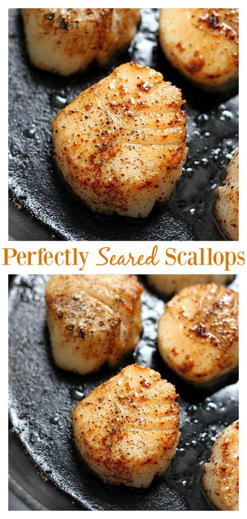 seared scallops in a cast iron skillet with text overlay that reads perfectly seasoned scallops