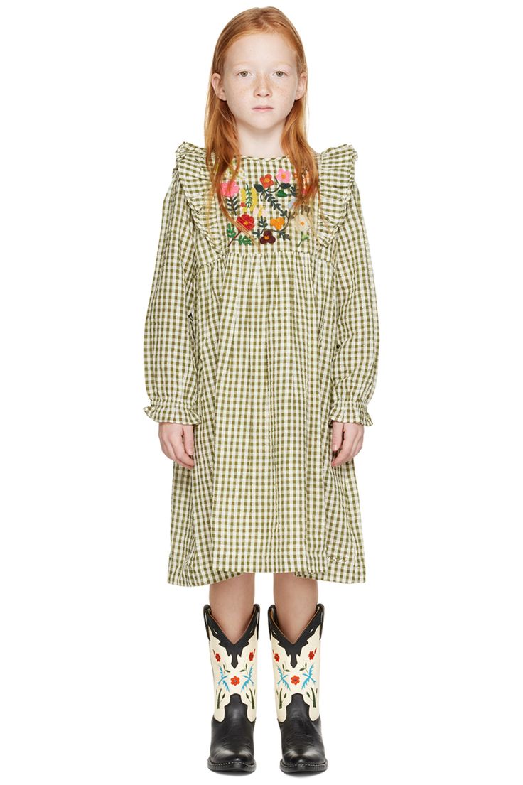 Kids Khaki & Beige Daya Dress by BONTON on Sale Cotton Voile Dress, Voile Dress, Kids Clothing Brands, Clothing Brands, Cotton Voile, Kids Clothing, Gingham, Puff Sleeve, On Sale