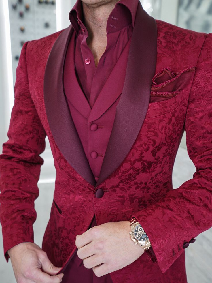 So excited 🤩 to introduce the all new Burgundy Fiore Look 🙌 This was another one of our 2021 resolutions, which we quietly launched after Christmas! Very proud to have this piece offered to you today 😊 #sebastiancruzcouture #burgundysuit #suitoftheday #threepeicesuit #mensfashion #bespoke #pocketsquare #menswear #highcollarshirt #lookoftheday #menwithclass #luxurymenswear #menssuits #trend #gentlemen #burgundy #suit #fashion #style #rolexdaytona Elegant Red Suits With Buttons, Party Suits With Button Closure And Lapel Collar, Party Suits With Lapel Collar And Button Closure, Party Suits With Buttons And Lapel Collar, Elegant Red Blazer With Button Closure, Elegant Red Blazer With Buttons, Red Fitted Outerwear For Wedding, Tailored Outerwear With Buttons For Wedding, Elegant Outerwear With Shawl Collar And Button Closure